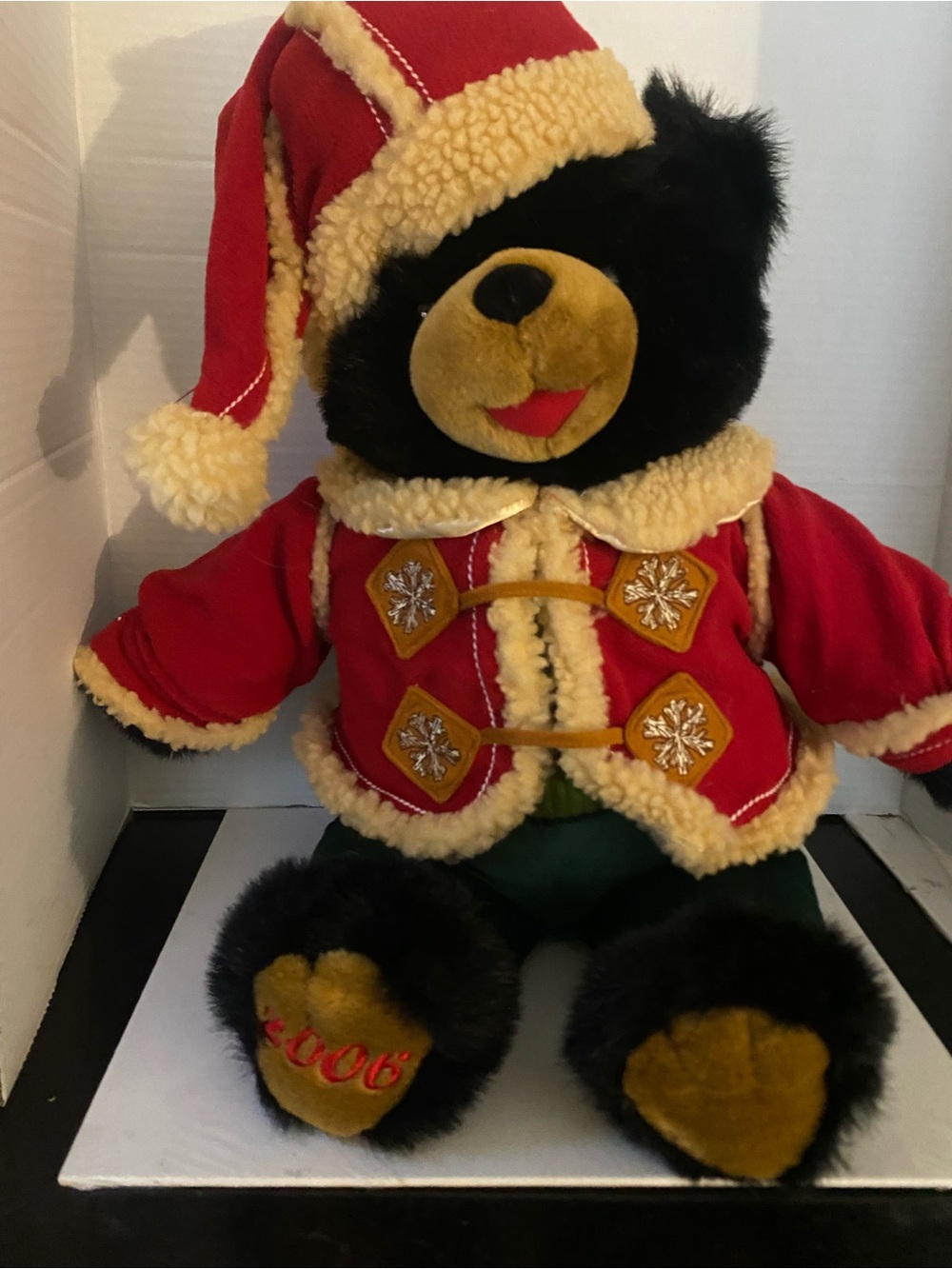 Vintage Christmas Bear Plush Black Bear in Red Winter Coat and Hat -